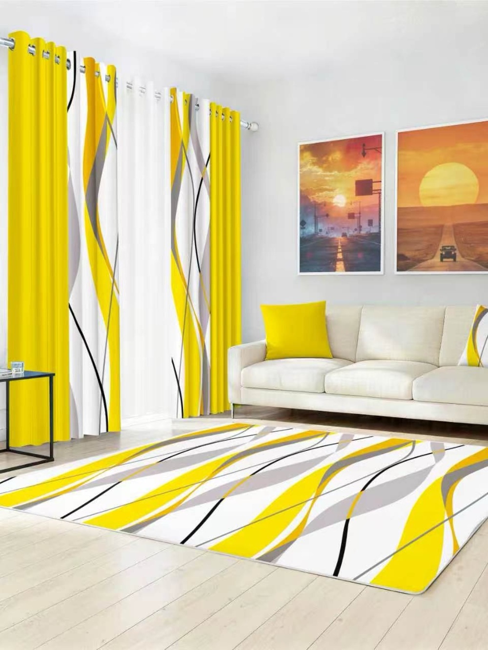 Yellow and White Modern Wave Area Rug and Curtain Set - Brand:
